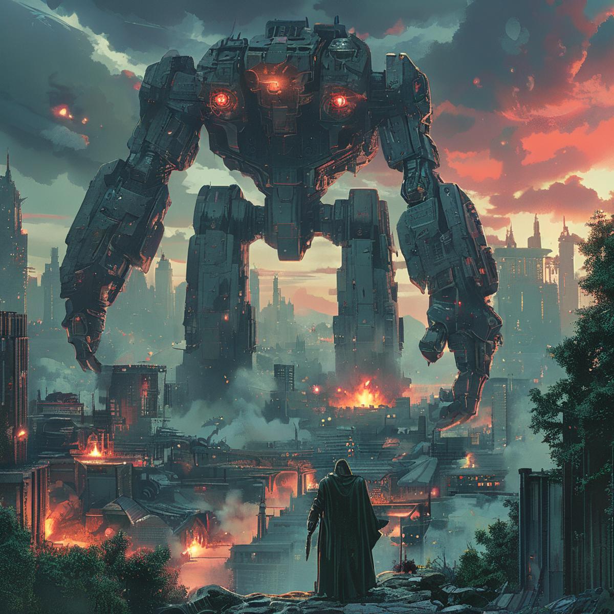 A man standing in front of a giant robot in a city - SeaArt AI
