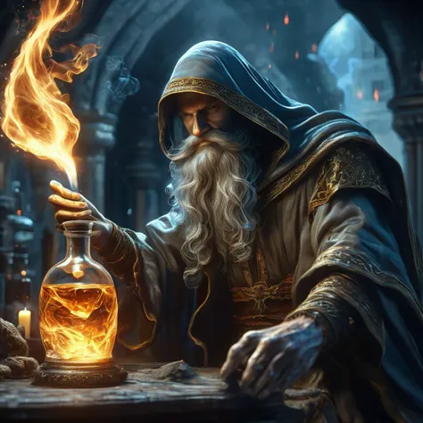 an close up cinematic shot of a wizard, holding a glass bottle, inside the glass bottle are fire, water, earth and wind elements, alchemist shop in background, HD, masterpiece, best quality, hyper detailed, ultra detailed