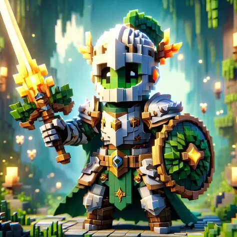 a cinematic shot of a fantasy pixel ral-vxl knight, holding a sword and shield, wearing armor, forest in background, Amazing quality, best quality, insane details