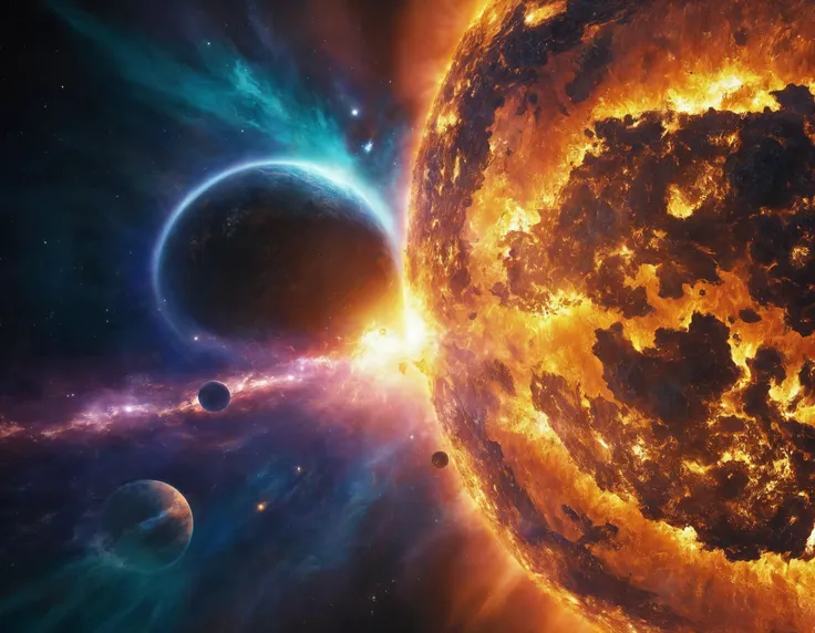 space, planet collision, two planets colliding into each other, molten lava, destruction, elemental fury,debris, evaporating land mass, astrological catastrophe, black hole, broken world, devastation, refraction of light, break-up velocity, critical rotation, broken crust,celestial body, debris disk, extinction, detailed, realistic, high quality,
fixl-art