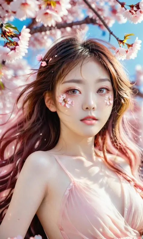 xs_zwr_t2, 1girl, solo, brown hair, long hair, cherry blossoms, brown eyes, looking at viewer, branch, flower, realistic, lips, parted lips, upper body,<lora:xszwr:1>,
