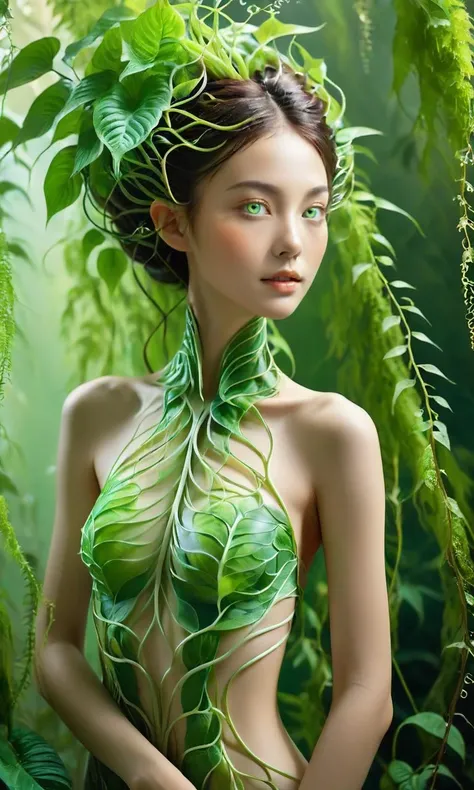 xs_zwr_t1,((masterpiece)),((best quality)),8k,high detailed,ultra-detailed,photo,photography,girl,solo,green eyes,plant,looking at viewer,vines,green theme,imagine a striking scene where a solitary girl with captivating green eyes meets the viewer's gaze with an intense and confident expression. She stands amidst a lush,vibrant green landscape,her figure partially obscured by enchanting vines and leaves that create a sense of mystery and allure. This composition explores themes of nature,sensuality,and self-assuredness,evoking a powerful emotional impact.,<lora:xszwr:1>,