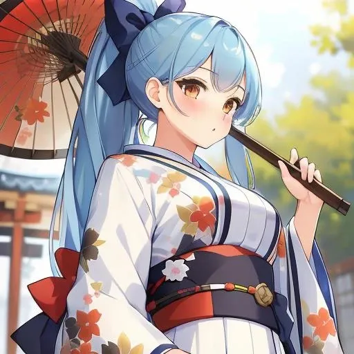 (masterpiece:1.3),(highly detailed:1.3),(highres:1.1),best quality,Ultra-detail,M249_GF,1girl,bow,ponytail,hair bow,japanese clothes,wide sleeves,kimono,sash,black bow,obi,floral print,uchiwa,<lora:M249_SAW-16:0.7>,