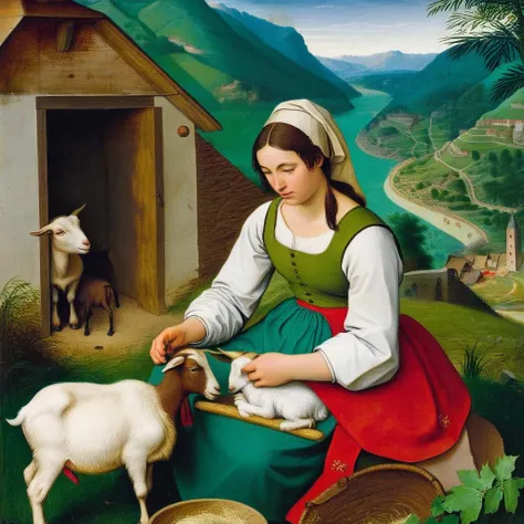 <lora:MedEvil:1> MedEvil a girl mending a goat in front of a green valley