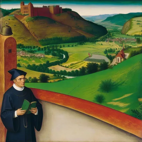 <lora:MedEvil:1> MedEvil a priest in front of a green valley