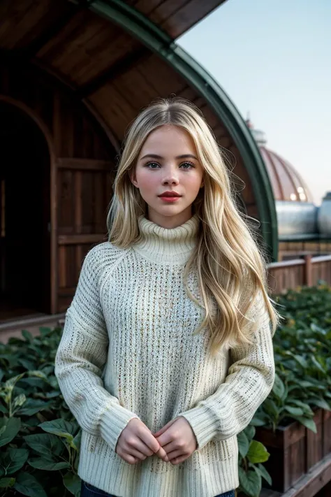 photo of beautiful Fr3y4All4n_HM_V2-135, a woman, perfect hair, surprised, (modern photo), wearing long sweater and slacks, portrait, 85mm, (analog, cinematic, film grain:1.3), (Martian Agricultural Dome, Dome with hydroponic farms and advanced cultivation techniques for Mars.), detailed eyes, professional pose, painted lips, (epiCPhoto), (looking at viewer:1.1), (cinematic shot:1.3), (natural lighting, lit from above), <lora:add_detail:0.5>