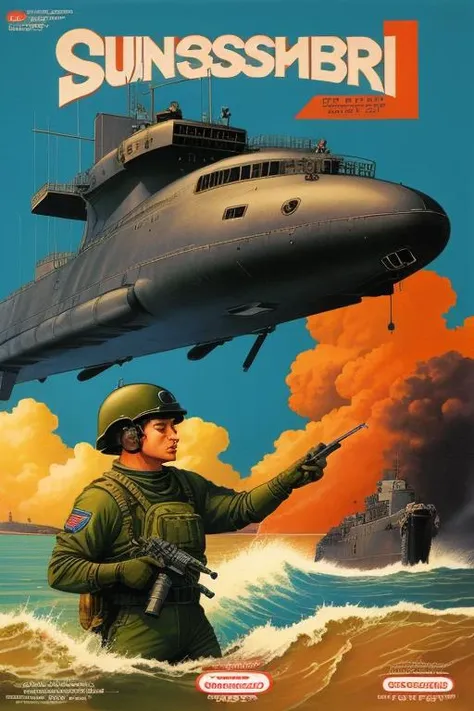 masterpiece,best quality, box art, retro artstyle,  Kursk Submarine, English text, 1980s /(style/), cover, copyright name,   <lora:NesBoxArtV1.1:1>