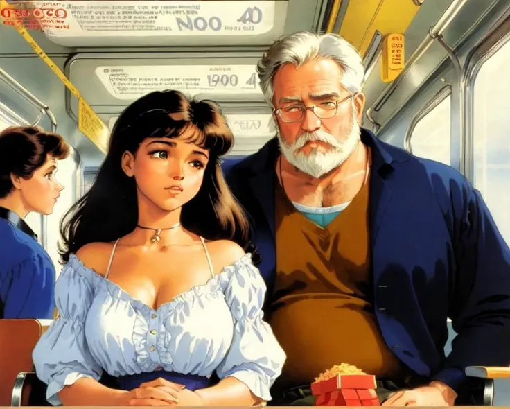 best quality, masterpiece, by Jessie Willcox Smith, bright colors, The black girl dozing on the subway didn't know that her wide collar showed a little of her breasts, the bearded perverted old white man sitting next to her stared intently at her breasts, black hair, cleavage, <lora:NES_Box_Art:1> ((box art, logo, English text, 1980s /(style/), copyright name, retro artstyle)), powerful magical traveler,