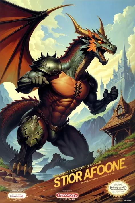 masterpiece,best quality, box art, retro artstyle, a dragon terrorizes a medieval kingdom, logo, English text, 1980s /(style/), cover, copyright name, <lora:NesBoxArtV1.1:1>