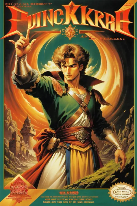 masterpiece,best quality, box art, retro artstyle, a cursed prince must save his kingdom, logo, English text, 1980s /(style/), cover, copyright name, <lora:NesBoxArtV1.1:1>