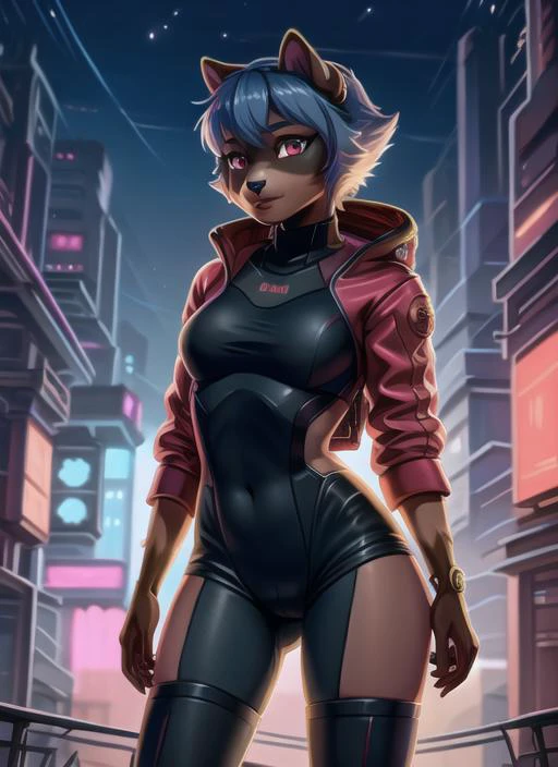 furry raccoon, 1girl, solo, raccoon ears, two-tone hair, (high quality), high res, detailed eyes, detailed shadows, red jacket, side view, (high quality), high-res, (digital painting), (8k) <lora:MichiruTestNAI:1>, bodysuit,background, cyberpunk, neon color, science fiction, <lora:CyberPunkAI:.8> CyberPunkAI neon fashion , night sky <lora:cyberpunk-v1.5-nai-9ep-resize:1> ,science fiction ,(neon lights:1.3), chromatic aberration, cyberpunk