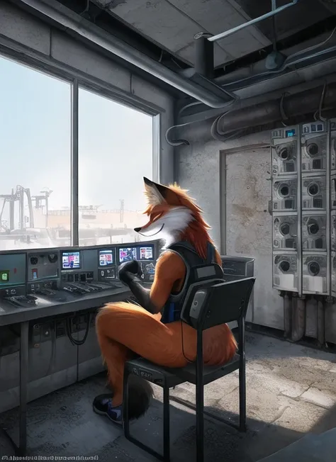 uploaded on e621, explict content, 4k, a (technicolor:1.05) photograph (by totesfleisch8 and (personalami), ando fuchs) of a cybernetic female ((fox)) anthro sitting in a chair looking out a window, rear view, chest fluff, cheek tuft, seductive smirk, soviet-era [oil refinery] [control room] with ((rusty metal beams)) and concrete walls and windows and switchboards, fluorescent light from ceiling, dust particles