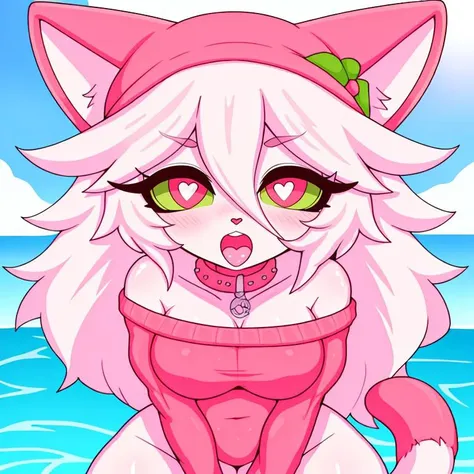 high quality, best quality, thecat, (hearts:1.2), animal_ears, closeup portrait, bare_shoulders, barefoot, closed_mouth, collar, collarbone, colored_skin, green_sweater, hair_between_eyes, long_hair, long_sleeves, looking_at_viewer, off-shoulder_sweater, off_shoulder, pink_hair, solo, sweater, tail, wariza, <lora:60_thecat-000002:0.6>