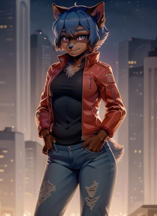 1girl, (detailed fluffy fur), body fur, solo, raccoon ears, two-tone hair, (high quality), high res, detailed eyes, detailed shadows, red jacket, (high quality), high-res, (digital painting), (8k), (tail:1.1), city buildings, skyline, (hand in pocket:1.1), jeans, (neon lights:1.1), night, crowded <lora:MichiruTestNAI:1>