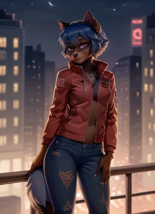 1girl, (detailed fluffy fur), body fur, solo, raccoon ears, two-tone hair, (high quality), high res, detailed eyes, detailed shadows, red jacket, (high quality), high-res, (digital painting), (8k), (tail:1.1), city buildings, skyline, (hand in pocket:1.1), jeans, (neon lights:1.1), night, crowded <lora:MichiruTestNAI:1>