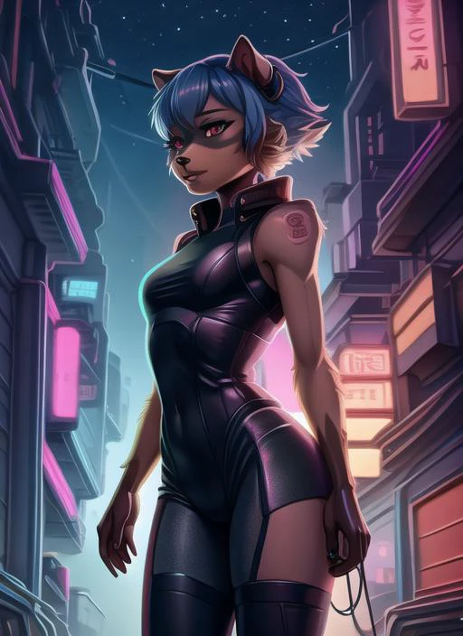 furry raccoon, 1girl, solo, raccoon ears, two-tone hair, (high quality), high res, detailed eyes, detailed shadows, red jacket, side view, (high quality), high-res, (digital painting), (8k) <lora:MichiruTestNAI:1>, bodysuit,background, cyberpunk, neon color, science fiction, <lora:CyberPunkAI:.8> CyberPunkAI neon fashion , night sky <lora:cyberpunk-v1.5-nai-9ep-resize:1> ,science fiction ,(neon lights:1.3), chromatic aberration, cyberpunk