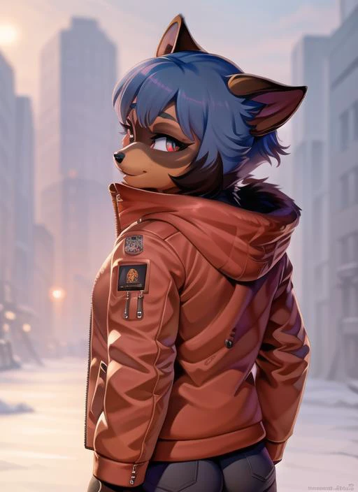 furry raccoon, 1girl, solo, raccoon ears, two-tone hair, (high quality), high res, detailed eyes, detailed shadows, red jacket, side view, (high quality), high-res, (digital painting), (8k) <lora:MichiruTestNAI:1>