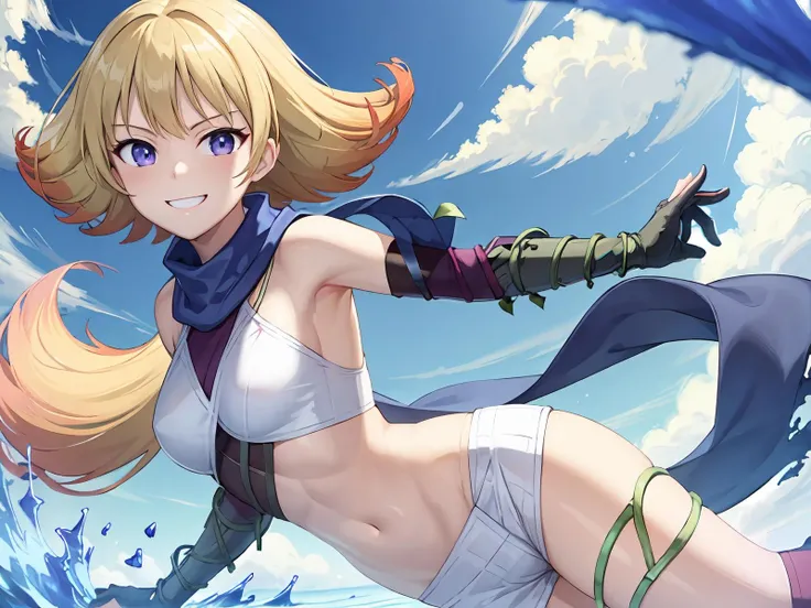 (extremely detailed CG), (best quality), 1girl,solo perfect face, shiny skin, lustrous skin,, narrow waist, wide hips <lora:Phosphora-10:0.8> PhosphoraKid,elbow gloves,sandals,sleeveles shirt,blue eyes,short shorts, detached sleeves,orange hair,gradient hair,bare shoulders,blonde hair, multicolored hair, scarf, blue scarf, midriff,, flying, determined, incoming attack, blue sky, smile., blushed