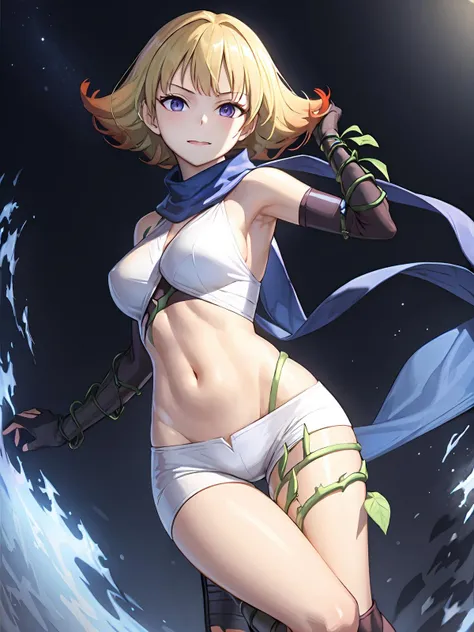 (extremely detailed CG), (best quality), 1girl,solo perfect face, shiny skin, lustrous skin,, narrow waist, wide hips <lora:Phosphora-10:0.8> PhosphoraKid,elbow gloves,sandals,sleeveles shirt,blue eyes,short shorts, detached sleeves,orange hair,gradient hair,bare shoulders,blonde hair, multicolored hair, scarf, blue scarf, navel midriff