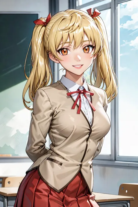 best quality, masterpiece, portrait, arms behind back, 1girl,sawachika eri, twintails, long hair, blonde hair, medium breasts, brown eyes, hair ribbon, school uniform, red pleated skirt, looking at viewer, classroom, smile,
<lora:Kizuki - School Rumble - Sawachika Eri:0.9>
