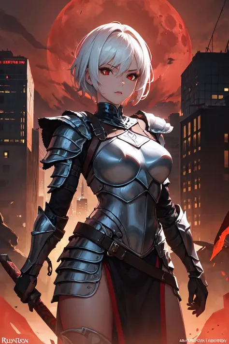 masterpiece, best quality, absurdres, perfect anatomy, 1girl, solo, barbarian_woman, armor, black armor, ruby, gem, mature female, white hair, short hair, red eyes, dark knight, night, city, red moon, red sky, <lora:edgBarbarian_MINI:1>