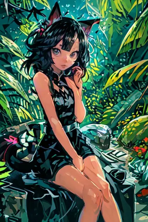 masterpiece,<lora:kaamin-40:1> kaamin, 1girl, solo, looking at viewer, black hair, hair ornament, dress, animal ears, hair between eyes, bare shoulders, sitting, closed mouth, tail, sleeveless, cat ears, black footwear, black dress, cat tail, sleeveless dress, chinese clothes, bug, cat girl, butterfly, china dress, hands on own chest