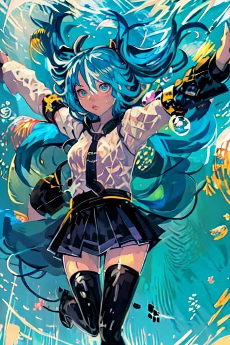 masterpiece,<lora:kaamin-40:1> kaamin, 1girl, solo, long hair, looking at viewer, blue eyes, skirt, shirt, thighhighs, hair between eyes, twintails, very long hair, blue hair, pleated skirt, detached sleeves, necktie, black thighhighs, black skirt, zettai ryouiki, floating hair, outstretched arms, fish, bubble, underwater