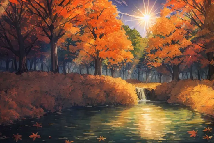 masterpiece,<lora:kaamin-40:1>
kaamin, no humans, landscape, forest, sun, water drop, rainbow, wet, nature, autumn, autumn leaves