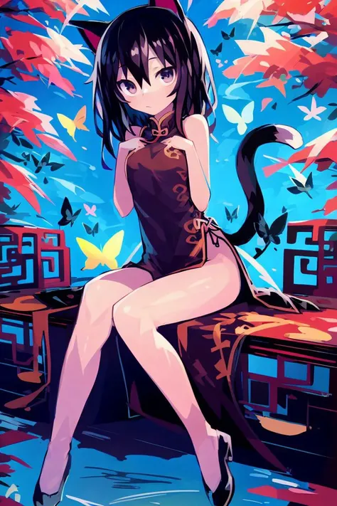 masterpiece,<lora:kaamin-40:1>
kaamin, 1girl, solo, looking at viewer, black hair, hair ornament, dress, animal ears, hair between eyes, bare shoulders, sitting, closed mouth, tail, sleeveless, cat ears, black footwear, black dress, cat tail, sleeveless dress, chinese clothes, bug, cat girl, butterfly, china dress, hands on own chest