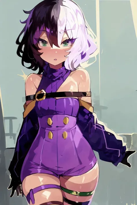 masterpiece,<lora:kaamin-40:1>
kaamin, 1girl, solo, <lora:yorra_villeneuve-09:1> yorra_villeneuve, (green eyes), (thigh strap, single thighhigh,purple high waist shorts, black sweater , long sleeves, single glove:1.2)