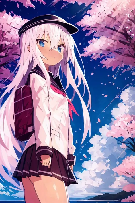 masterpiece,<lora:kaamin-40:1>
kaamin, 1girl, solo, long hair, blue eyes, skirt, hat, hair between eyes, school uniform, white hair, outdoors, sky, serafuku, day, cloud, sailor collar, neckerchief, black headwear, cherry blossoms, red neckerchief, black sailor collar, flat cap