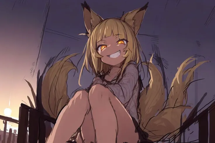 masterpiece,<lora:kaamin-40:1>
kaamin, 1girl, solo, blonde hair, yelow eyes, blunt bangs, animal ears, fox tail, fox ears, sunset, clouds, hugging own tail, sitting, from below, (sketch:1.5), outdoors, sky, fang, grin, glowing eyes,