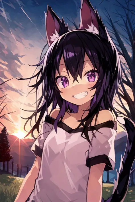 masterpiece,<lora:kaamin-40:1>
kaamin, 1girl, solo, long hair, looking at viewer, smile, shirt, black hair, animal ears, hair between eyes, bare shoulders, purple eyes, tail, upper body, short sleeves, outdoors, sky, teeth, cat ears, off shoulder, grin, arm up, tree, cat tail, animal ear fluff, sunset, salute, power lines