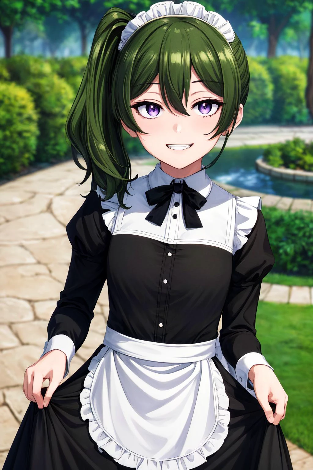 (masterpiece), best quality, (((ultra detailed, 8k quality))), expressive eyes, perfect face, perfect anatomy, perfect body, scene, <lora:scene_:0.7>, <lora:more_details:0.4>, <lora:beautiful_detailed_eyes:0.5>, <lora:GoodHands-beta2:0.7>, <lora:give_it_a_name:0.4>,
<lora:ubel-lora-nochekaiser:0.6>, smile, maid, maid headdress, black dress, garden, standing, skirt hold, grin, close portrait, ubel, medium hair, hair between eyes, green hair, side ponytail, (purple eyes:1.1),