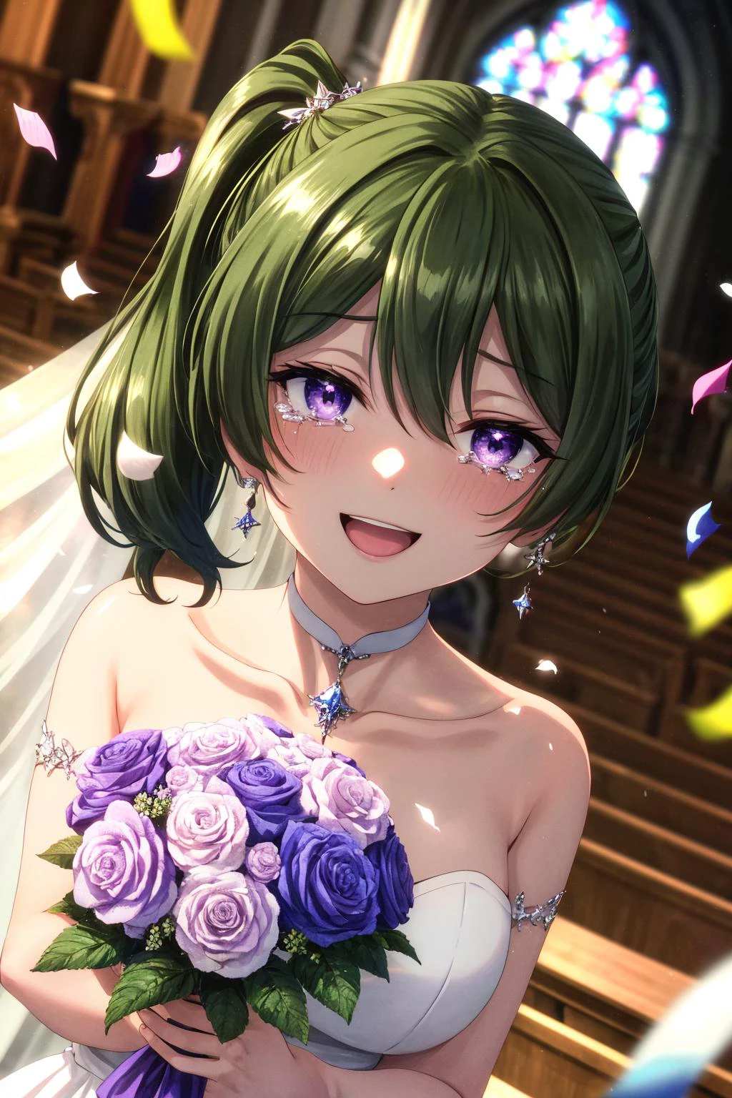 (masterpiece), best quality, (((ultra detailed, 8k quality))), expressive eyes, perfect face, perfect anatomy, perfect body, scene, <lora:scene_:0.7>, <lora:more_details:0.4>, <lora:beautiful_detailed_eyes:0.5>, <lora:GoodHands-beta2:0.7>, <lora:give_it_a_name:0.4>,
<lora:ubel-lora-nochekaiser:0.6>, church, holding bouquet, tears, (confetti:1.1), smile, open mouth, white dress, wedding dress, church, holding bouquet, tears, (confetti:1.1), smile, open mouth,, ubel, medium hair, hair between eyes, green hair, side ponytail, (purple eyes:1.1),