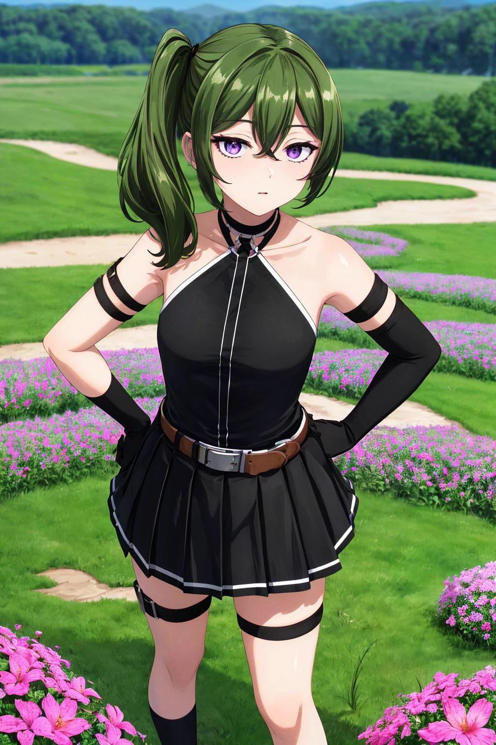 (masterpiece), best quality, (((ultra detailed, 8k quality))), expressive eyes, perfect face, perfect anatomy, perfect body, scene, <lora:scene_:0.7>, <lora:more_details:0.4>, <lora:beautiful_detailed_eyes:0.5>, <lora:GoodHands-beta2:0.7>, <lora:give_it_a_name:0.4>,
<lora:ubel-lora-nochekaiser:0.6>, skirt, gloves, dress, bare shoulders, pleated skirt, sleeveless, black gloves, elbow gloves, belt, miniskirt, black skirt, black footwear, (black dress:1.5), thigh strap, sleeveless dress, halterneck, armband, single glove, black belt, pleated dress, arm strap, ubel, medium hair, hair between eyes, green hair, side ponytail, (purple eyes:1.1), garden, flower field, hand on hips, armspit