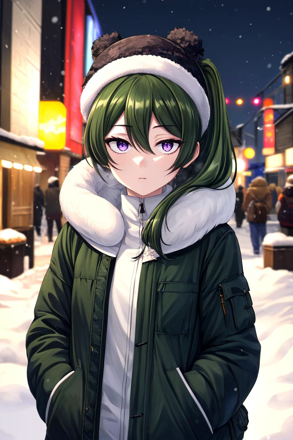 (masterpiece), best quality, (((ultra detailed, 8k quality))), expressive eyes, perfect face, perfect anatomy, perfect body, scene, <lora:scene_:0.7>, <lora:more_details:0.4>, <lora:beautiful_detailed_eyes:0.5>, <lora:GoodHands-beta2:0.7>, <lora:give_it_a_name:0.4>,
<lora:ubel-lora-nochekaiser:0.6>, winter, fur clothes, fur hat, snow, Outdoor,hands in pockets, looking the viewer, tokyo scenery, ubel, medium hair, hair between eyes, green hair, side ponytail, (purple eyes:1.1),