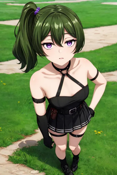 (masterpiece), best quality, (((ultra detailed, 8k quality))), expressive eyes, perfect face, perfect anatomy, perfect body, scene, <lora:scene_:0.7>, <lora:more_details:0.4>, <lora:beautiful_detailed_eyes:0.5>, <lora:GoodHands-beta2:0.7>, <lora:give_it_a_name:0.4>,
<lora:ubel-lora-nochekaiser:0.7>, skirt, gloves, dress, bare shoulders, pleated skirt, sleeveless, black gloves, elbow gloves, belt, miniskirt, black skirt, black footwear, (black dress:1.5), thigh strap, sleeveless dress, halterneck, armband, single glove, black belt, pleated dress, arm strap, ubel, medium hair, hair between eyes, green hair, side ponytail, (purple eyes:1.1), garden, flower field, hand on hips, learning back