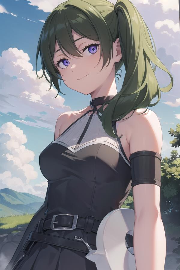 A woman in a black dress with green hair and blue eyes - SeaArt AI