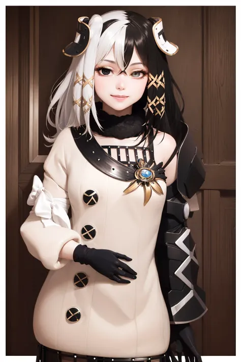 (masterpiece, best quality:1.2), <lyco:ol_antilene-10:1.0>, cowboy shot, solo, 1girl, olantilene, smile, closed mouth, looking at viewer, hand on own chest, hair ornament, heterochromia, sweater, skirt, black gloves