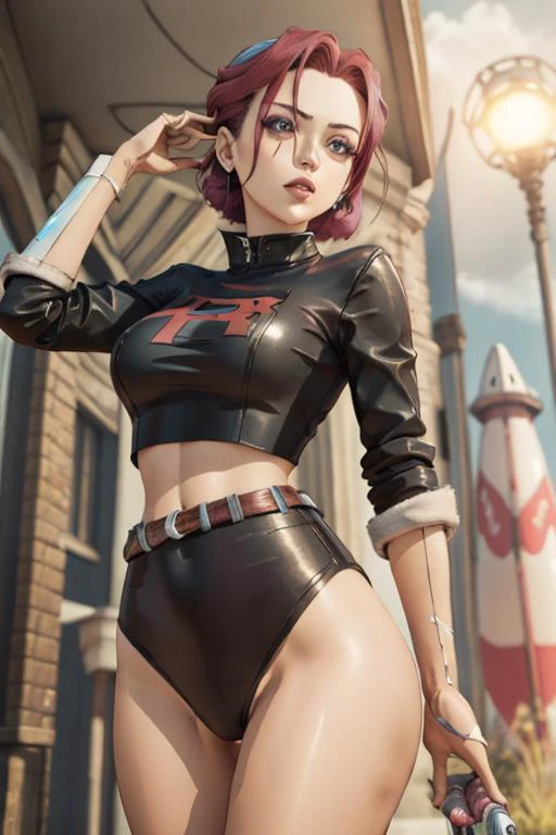 (realistic), lustrous skin, 3d face, highres, masterpiece, perfect ligthing, bloom, cinematic lighting, perfect skin, <lora:swordArtOnline_02S2:0.2> Rosalia,, female,(, depth of field, pov, from below, wearing <lora:TMRckt:0.8> TMRckt, team rocket, team rocket uniform, ((clothes writing))