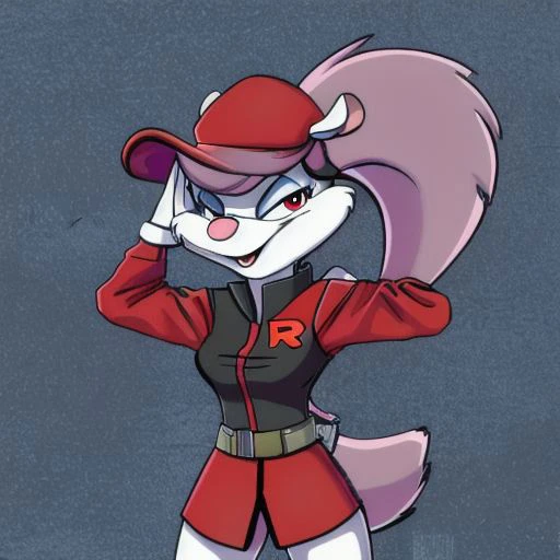 Minerva Mink (Animaniacs), 1girl, solo, <lora:TMRckt:1>, TMRckt, team rocket, team rocket uniform, ((clothes writing)), salute, best quality, masterpiece, highres