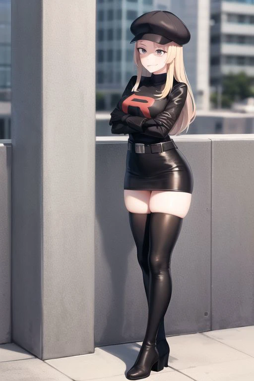 trgrunthgss, 1girl, solo, long hair, skirt, thighhighs, gloves, long sleeves, hat, city, outside, dress, closed mouth, standing, full body, blonde hair, boots, belt, blue eyes, thigh boots, crossed arms, poke ball, logo, poke ball (basic), black footwear, black gloves, team rocket, team rocket uniform, black skirt, one beautiful girl, masterpiece, absurdres, evil smile, masturbating, masturbation, fingering, female_masturbation,
<lora:Team_Rocket_Grunt_HGSS:0.6> <lora:more_details:0.9>