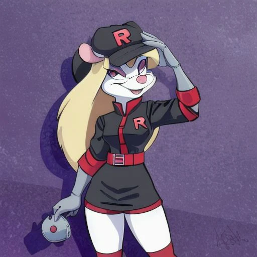 Minerva Mink (Animaniacs), 1girl, solo, <lora:TMRckt:1>, TMRckt, team rocket, team rocket uniform, ((clothes writing)), salute, best quality, masterpiece, highres