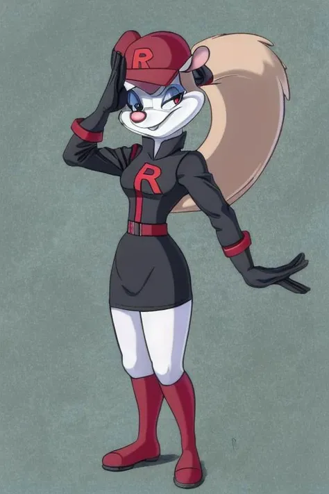 Minerva Mink (Animaniacs), 1girl, solo, <lora:TMRckt:1>, TMRckt, team rocket, team rocket uniform, ((clothes writing)), salute, best quality, masterpiece, highres