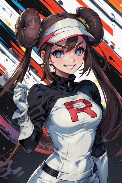 masterpiece,best quality,1girl,ro1,hair bun,blue eyes,twintails,visor cap,grin,TMRckt,team rocket,team rocket uniform,((clothes writing)),<lora:rosa_(pokemon)_v10:0.7>,<lyco:Concept-Change-A-Character-Team Rocket Grunt:0.7>,