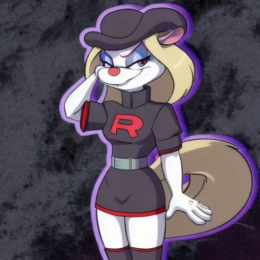 Minerva Mink (Animaniacs), 1girl, solo, <lora:TMRckt:1>, TMRckt, team rocket, team rocket uniform, ((clothes writing)), salute, best quality, masterpiece, highres