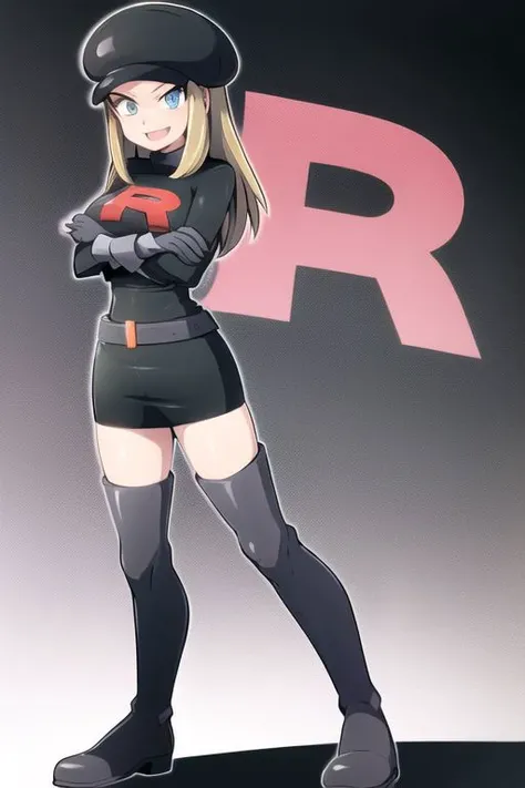trgrunthgss, 1girl, solo, long hair, skirt, thighhighs, gloves, long sleeves, hat, city, dress, closed mouth, standing, full body, blonde hair, boots, belt, blue eyes, thigh boots, crossed arms, poke ball, logo, poke ball (basic), grey footwear, grey gloves, team rocket, team rocket uniform, black skirt, one beautiful girl, masterpiece, absurdres, evil smile, masturbating,
<lora:Team_Rocket_Grunt_HGSS:0.6> <lora:more_details:0.9>