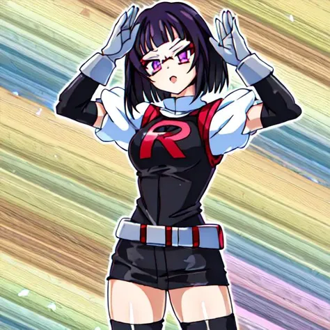1girl, solo, <lora:TMRckt:0.9>, TMRckt, team rocket, team rocket uniform, ((clothes writing)), salute, best quality, masterpiece, highres, glowing eyes, mind control, <lora:sonaSitriDxd_sonaSitri:0.8>, black hair, purple eyes, short hair, bob cut,