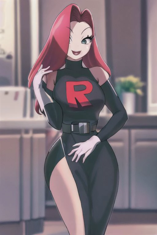 jessicarabbit, 1girl, solo, <lora:TMRckt:1>, TMRckt, team rocket, team rocket uniform, ((clothes writing)), best quality, masterpiece, highres